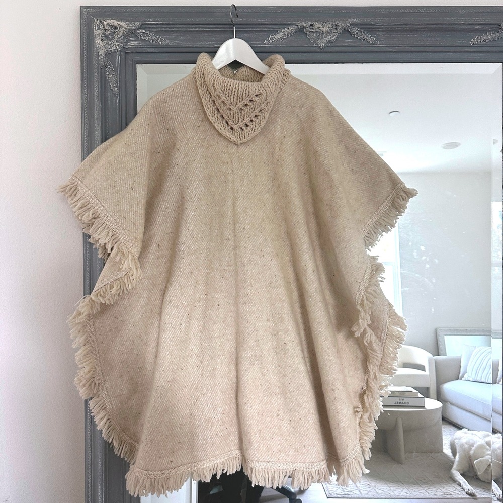 Vintage 70s Wool Knit Turtleneck Collar Fringe Trim Poncho Sweater